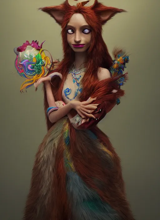 Prompt: an anthropomorphic beautiful female wizard portrait made of fox holding a staff wearing colourful robe, fine art, award winning, intricate, elegant, sharp focus, octane render, hyperrealistic, cinematic lighting, highly detailed, digital painting, 8 k concept art, art by jamie hewlett and z. w. gu, masterpiece, trending on artstation, 8 k