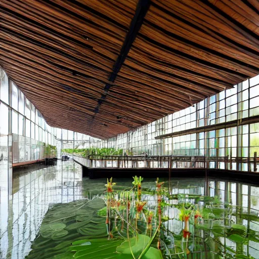 Image similar to professional photgraphy of a museum flooded with green water, water plants and lillies, wooden piers inside, great architecture by renzo piano, ambient light