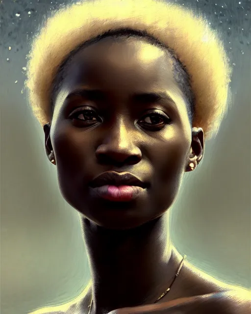 Image similar to african woman with blonde short hair, brown eyes, beautiful girl, close up portrait, moonlight, highkey, realistic, serov, surikov, vasnetsov, repin, kramskoi, paint texture, low aperature, insanely detailed, charlie bowater, tom bagshaw, octane rendered, unreal engine, illustration, trending on artstation, masterpiece