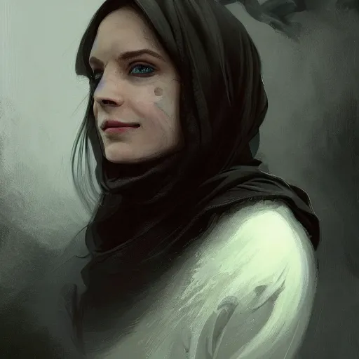 Image similar to portrait of an woman by Greg Rutkowski, she is about 20 years old, pretty, long brown wavy hair, scar near her mouth that makes her look like she's smiling all the time, wearing black sith robes, Star Wars Expanded Universe, highly detailed portrait, digital painting, artstation, concept art, smooth, sharp foccus ilustration, Artstation HQ