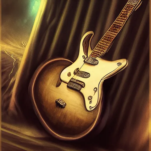 Image similar to world of guitar , guitar as a character of magical world , realistic, concept art trending on artstation, devainart,illustration, atmospheric, hyperreal, hyperdetailed, 8k,hd