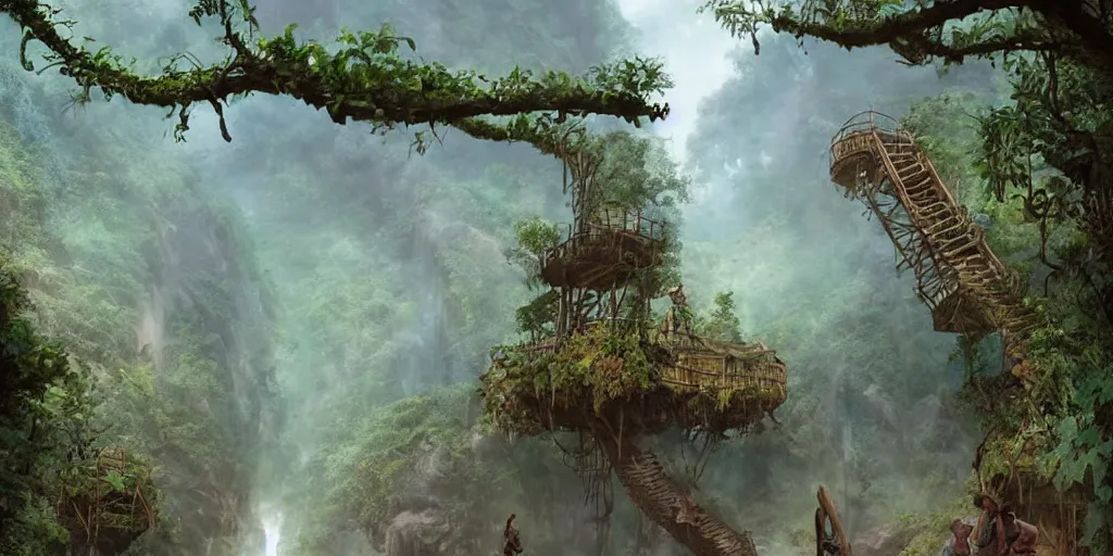 Image similar to jungle rainforest cliffs with treehouse village. tiered catwalks and rope bridges. wooden cabins. foggy valley and mountains fading into the distance, at sunset. waterfalls. neverland. peter pan kids wearing war paint and headdresses, standing on the rope bridges. dinosaurs. magic the gathering card art by greg rutkowski.