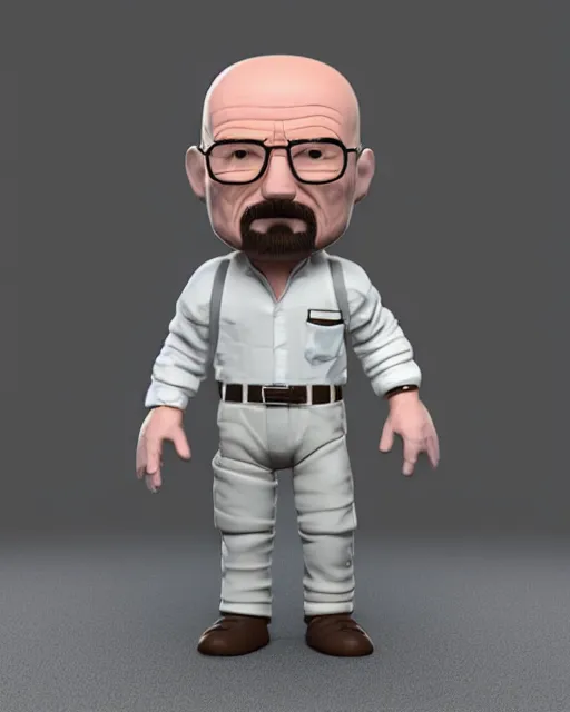 Image similar to full body 3d render of Walter White as a funko pop, studio lighting, white background, blender, trending on artstation, 8k, highly detailed