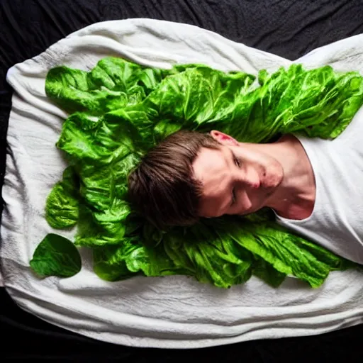 Prompt: skinny white man sleeping on a bed made of tofu, blanket made of lettuce, pillow made of cats, dramatic lighting,