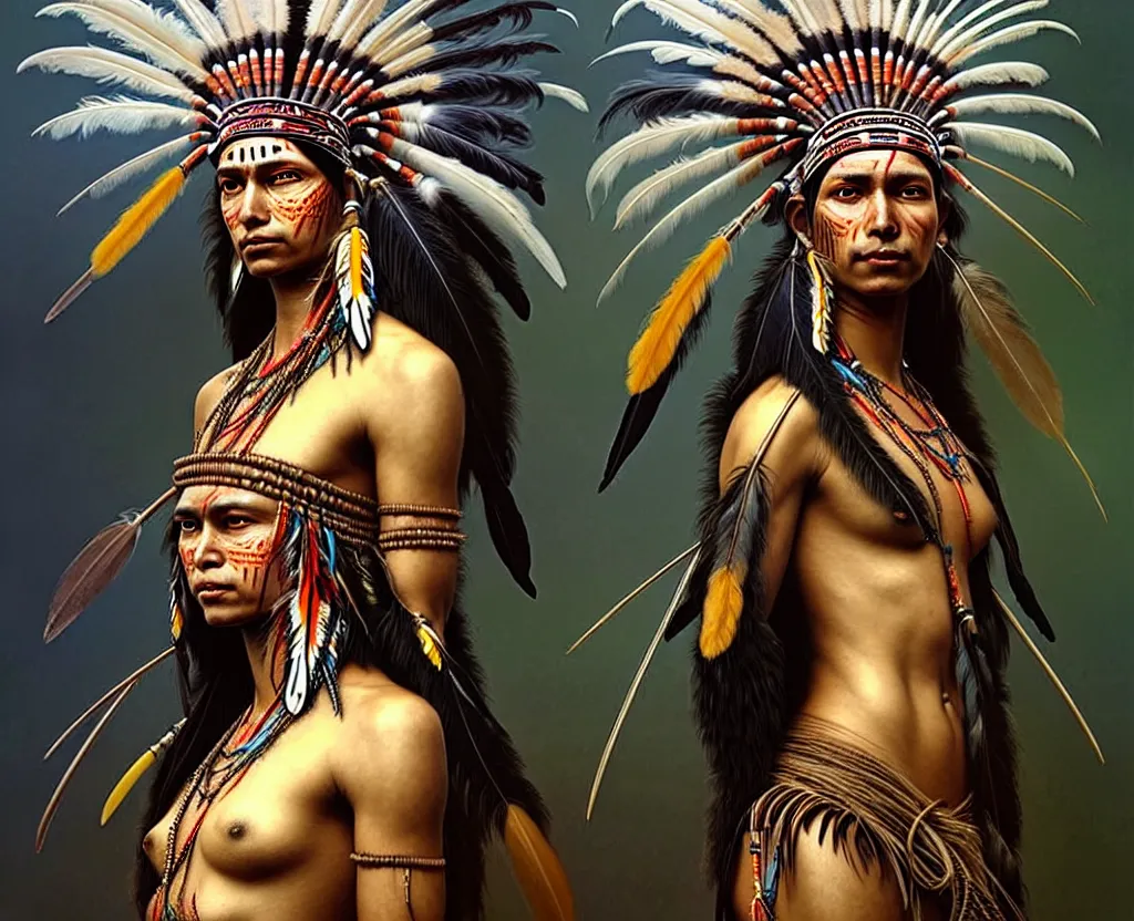 Prompt: very sharp ultra detailed stunningly beautiful alluring and attractive tribal indigenous with feather headdress, amazon indian peoples in brazil, physically based rendering, defined features by ellen jewett, tomasz alen kopera and justin gerard