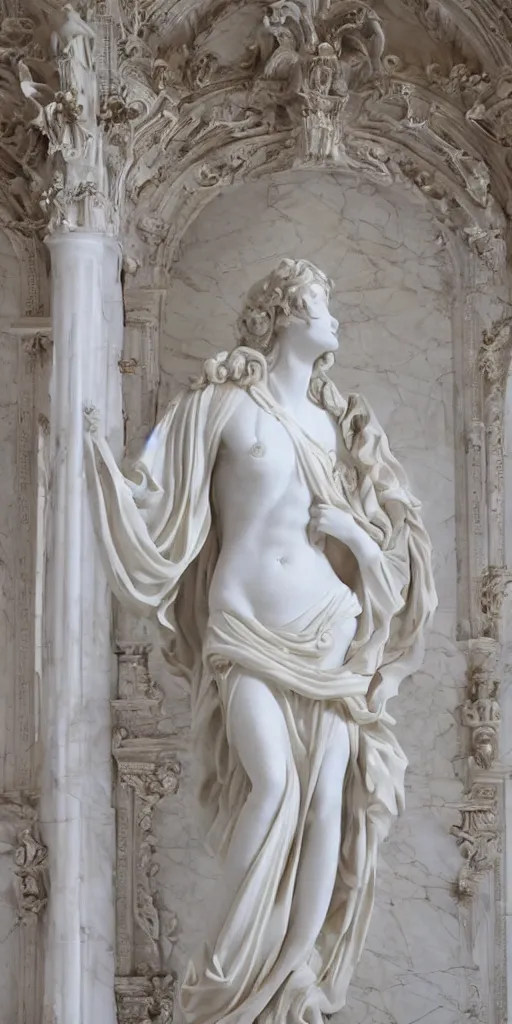 Prompt: white marble statue of a girl with a long transparent dress with gold trims, smooth shapes, rich details, ethereal background, bloodborne, aerial view, made by bernini