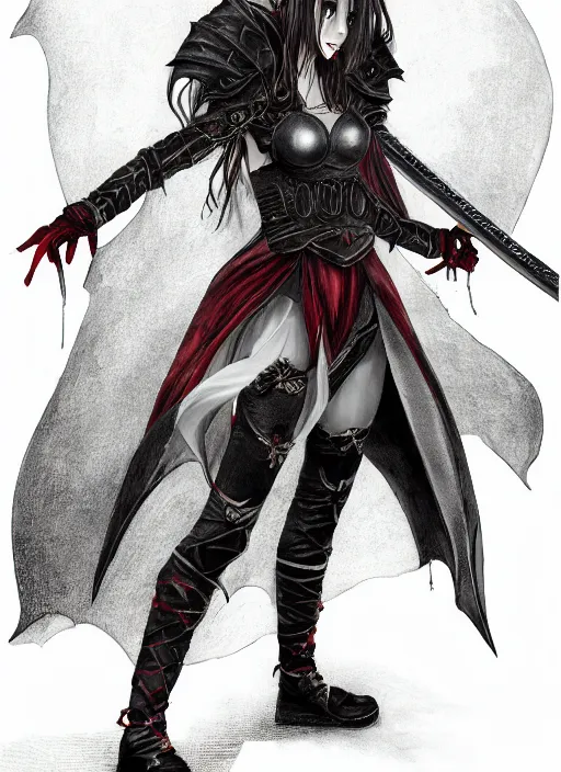 Image similar to female vampire knight, flying, barefoot, black plate armor, historical armor, good protection, monstrous mask, giant two - handed sword dripping blood, red wings, grinning, barefeet, detailed, realistic, dnd.