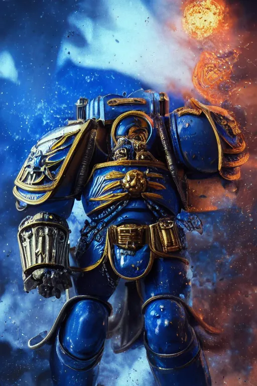 Image similar to a portrait of an ultramarine, space marine, warhammer 4 0 k setting, dynamic pose, intricate details, intricately detailed clothing, intricate textures, warm lighting, vivid colors, smoke and mist, realistic octane render, hyper realistic render, volumetric shading, depth of field, raytracing, 8 k,