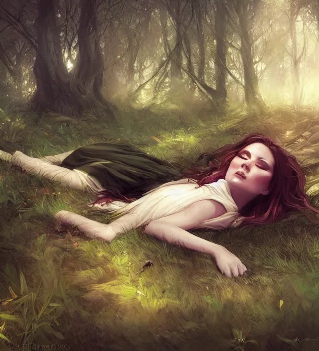 Prompt: girl lying in forest, art by charlie bowater