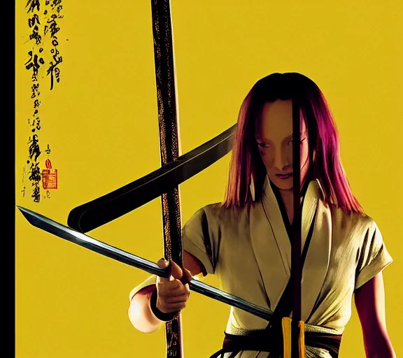 Image similar to breathtaking detailed pattern pastel colors, cinematic action scene from kill bill, with uma thurman in yellow kimono, swinging katana sword by hsiao - ron cheng and tarantino, exquisite detail, enhanced eye detail