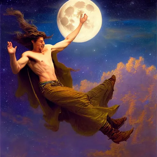 Image similar to attractive male wizard magically floating and flying high in the night sky, fantasy, full moon in background. highly detailed painting by gaston bussiere, craig mullins, j. c. leyendecker, mid shot, 8 k