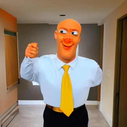 Image similar to mister clean in a suite with an orange face and a yellow toupe