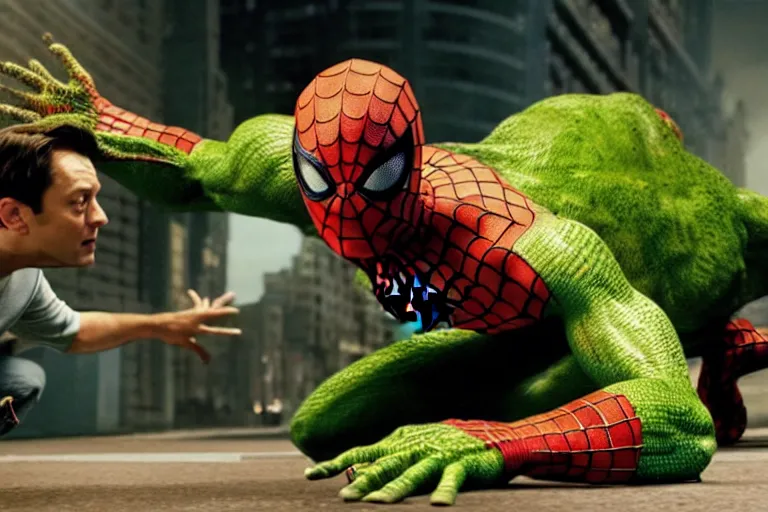 Image similar to sam raimi spider-man, played by tobey maguire battles the lizard, a large green monster wearing a lab coat, ultra realistic, 4K, movie still, UHD, sharp, marvel, cinematic