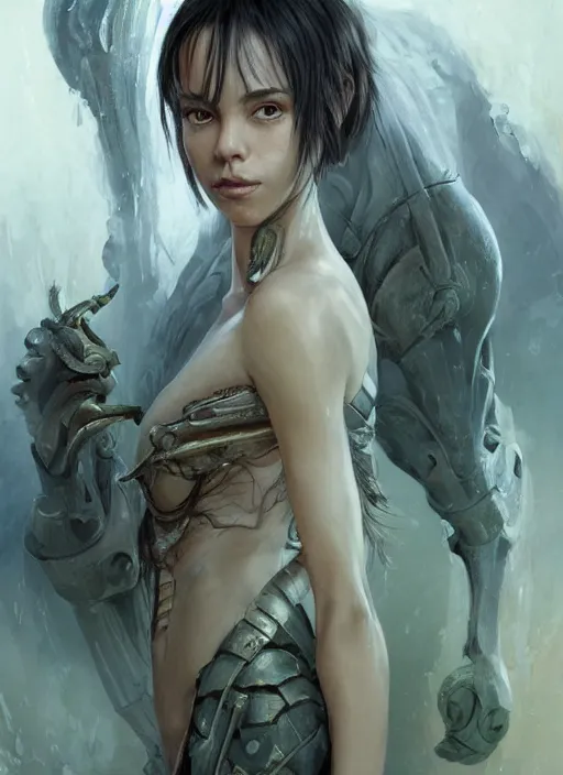 Image similar to a professional painting of a beautiful young female alien, clothed in ethereal armor, olive skin, long dark hair, beautiful bone structure, symmetrical facial features, intricate, elegant, digital painting, concept art, smooth, sharp focus, illustration, from Valerian and the City of a Thousand Planets, by Ruan Jia and Mandy Jurgens and Artgerm and William-Adolphe Bouguerea