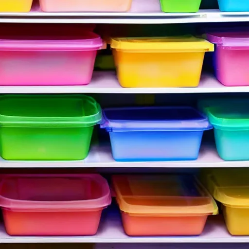 Prompt: a lot of empty plastic containers in a dollar store, pastel colors