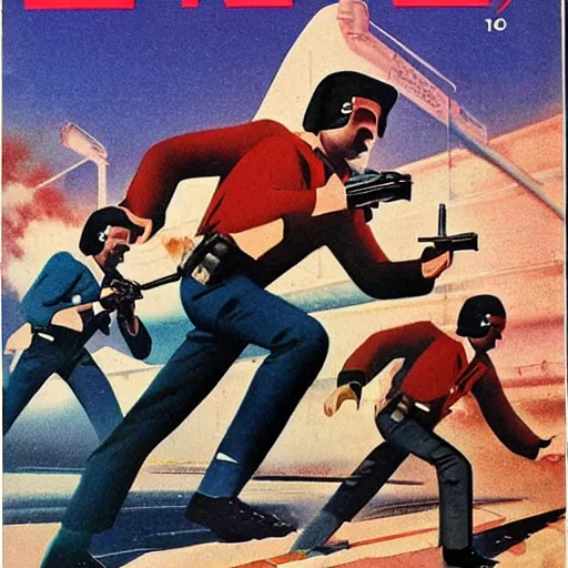 Image similar to 1979 OMNI Magazine, bank robbers fleeing the police, Highly Detailed, 8k :4 by Vincent Di Fate : 8