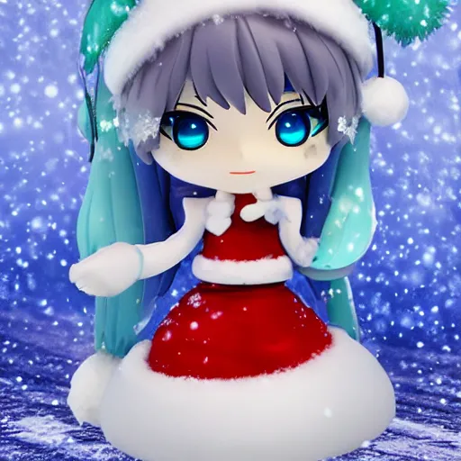 Image similar to snow miku nendroid pvc, christmas lights and snow in the background