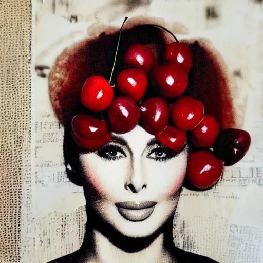 Image similar to the red fruit cherry, collage with the face of cher on it