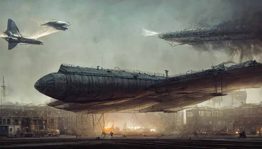 Image similar to Dieselpunk Norilsk city, zeppelin factory manufacturing, airship, aeroplane, steam, epic composition, intricate, elegant, volumetric lighting, digital painting, highly detailed, artstation, sharp focus, illustration, concept art, ruan jia, steve mccurry