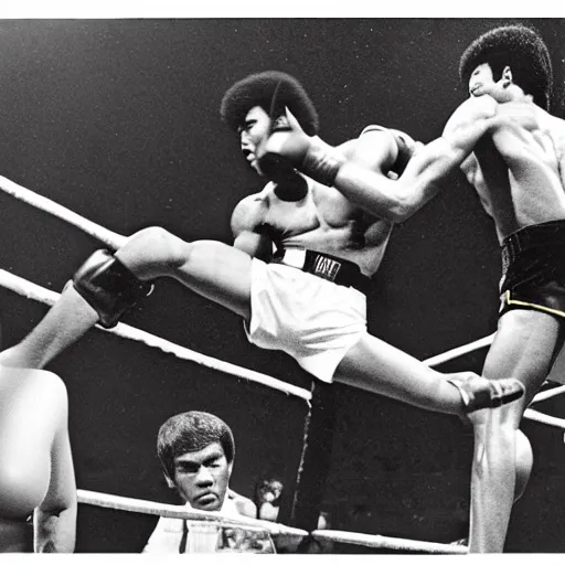 Image similar to bruce lee vs muhammad ali, arena fight, boxing ring