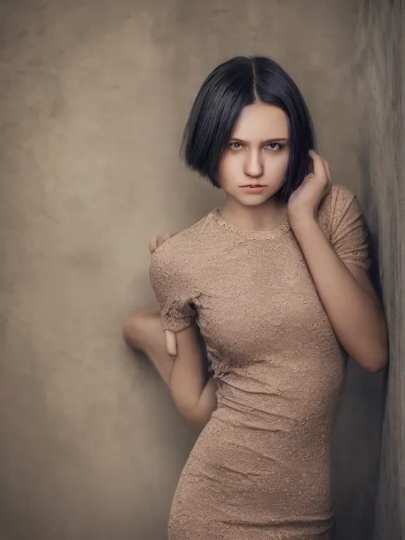 Image similar to hyperdetailed photo of a beautiful ukrainian girl with brown eyes and dark bob hairstyle, winds of winter, in a tight dress, cinematic lighting, studio quality