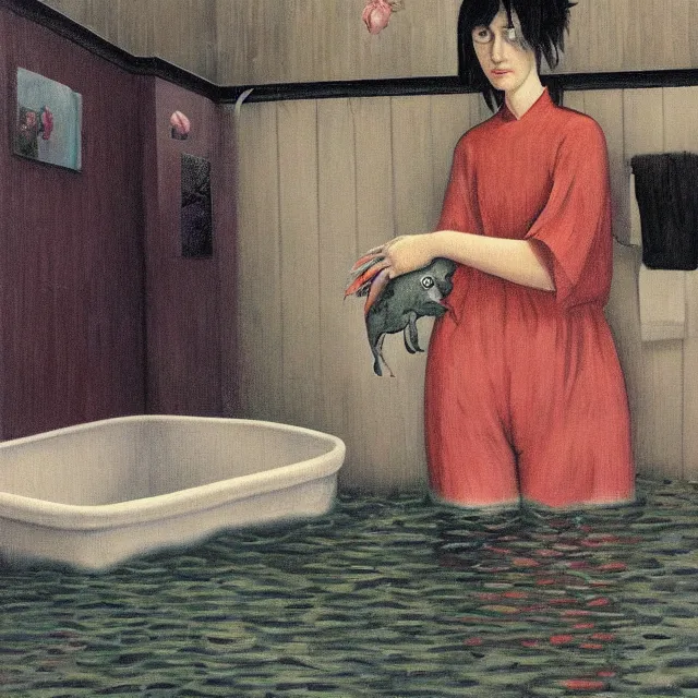 Image similar to tall female emo artist holding a pig in her flooded bathroom, water gushing from ceiling, painting of flood waters inside an artist's bathroom, a river flooding indoors, pomegranates, pigs, ikebana, zen, water, octopus, river, rapids, waterfall, black swans, canoe, berries, acrylic on canvas, surrealist, by magritte and monet