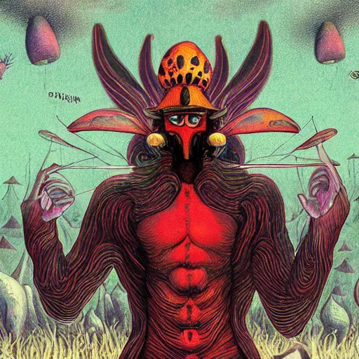 Prompt: A centered chest up portrait of a psychedelic godlike atlas mothman smoking a hand-rolled cigarette smoking heavily , magic mushroom village in background , award winning. superb resolution. in the art style of junji Ito and greg rutkowski . Detailed Mushroom city in background. Hyper realistic anime. Perfect art. Dalle2