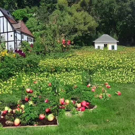 Image similar to A house with a large flower garden and two trees full of apples and pears, top post of all time on /r/curiousplaces subreddit