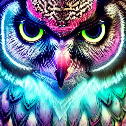 Prompt: Shambhala, neon tribal eurasian owl, pastel neon, photorealistic render 8k intricate, elegant, highly detailed, smooth, sharp focus, detailed face, high contrast, dramatic lighting, graphic novel, art by Ardian Syaf and Michael Choi