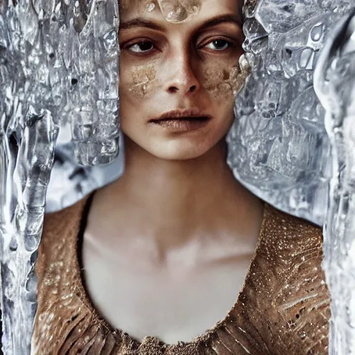 Image similar to full shot of a regal brown woman wearing an intricate armor made of many layers of ice. no makeup!! freckles!! haunting eyes. vulnerable. fragile. ethereal. elaborate. ice caves. glaciers. refracted light. extremely soft lighting. textures. delicate. translucent. by ray cesar. by louise dahl - wolfe. by andrea kowch. surreal photography.