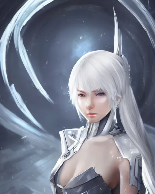 Image similar to perfect white haired girl, warframe armor, beautiful, dreamy, half asian, pretty face, blue eyes, detailed, windy weather, scifi, utopian architecture, laboratory, 4 k, ultra realistic, epic lighting, cinematic, high detail, masterpiece, art by akihito tsukushi, akasuki voidstar