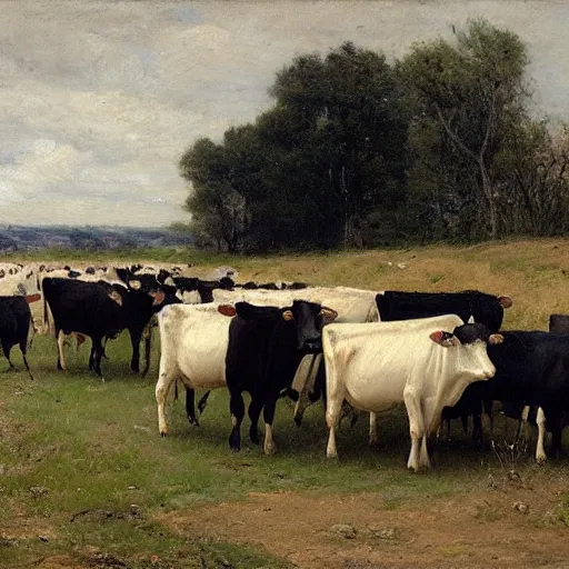 Prompt: a herd of cows on a country road, 1 9 th century painting, anton mauve