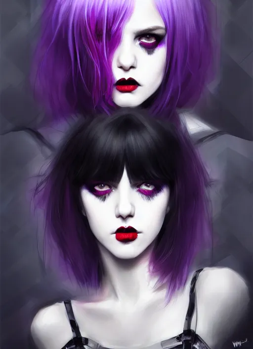 Image similar to portrait of white teenage girl, normal face, black bangs, mall goth, cyberlox, black and white hair, bangs, fluffy bangs, red contacts, purple lipstick, intricate, elegant, highly detailed, digital painting, artstation, concept art, sharp focus, smooth, illustration, art by wlop, mars ravelo and greg rutkowski