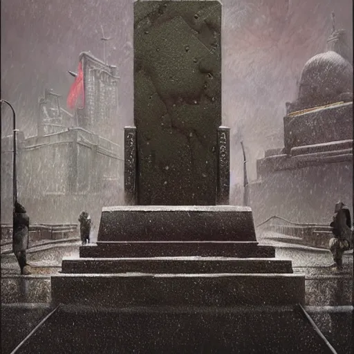 Image similar to a highly detailed epic cinematic concept art CG render digital painting artwork: close up of a melted socialist monument in the rain. Soviet, gloomy, night. By Greg Rutkowski, Ilya Kuvshinov, WLOP, Stanley Artgerm Lau, Ruan Jia and Fenghua Zhong, trending on ArtStation, made in Maya, Blender and Photoshop, octane render, excellent composition, cinematic atmosphere, dynamic dramatic cinematic lighting, aesthetic, very inspirational, arthouse