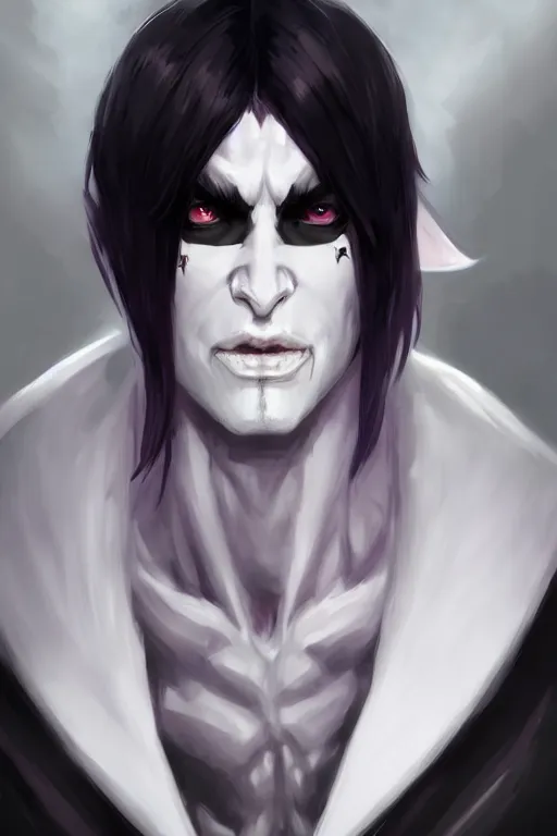 Prompt: human male demon,slim white purple, focus, closup, black hair, portrait, hero, character concept art, costume design, black eyes, white horns, trending on artstation, Artgerm , WLOP