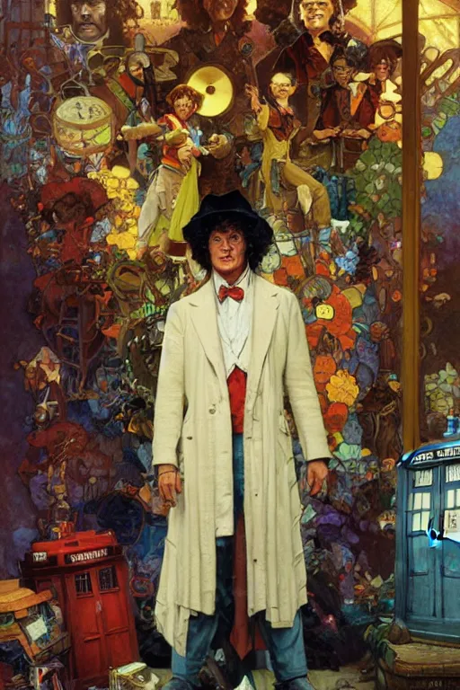 Image similar to The Fourth Doctor standing next to the TARDIS, portrait by Stanley Artgerm Lau, greg rutkowski, thomas kindkade, alphonse mucha, loish, norman Rockwell