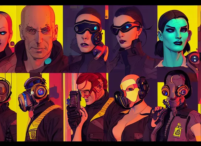 Prompt: cyberpunk hazmat team. portrait by stonehouse and mœbius and will eisner and gil elvgren and pixar. character design. realistic proportions. cyberpunk 2 0 7 7 character art, blade runner 2 0 4 9 concept art. cel shading. attractive face. thick lines. the team. diverse characters. artstationhq.