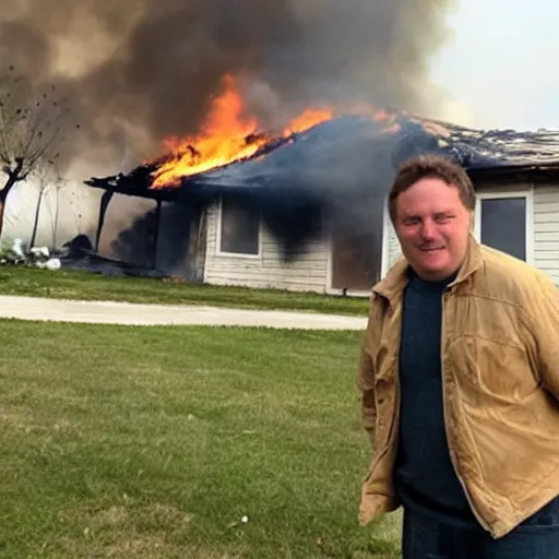 Image similar to a photo of a house burning down in the background and a man with an eerie smile in the foreground,