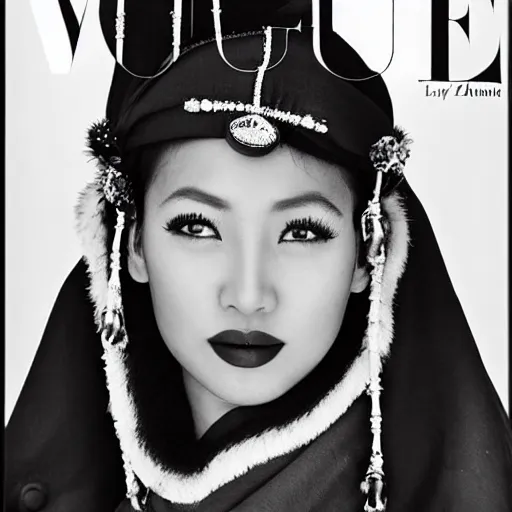 Prompt: a beautiful professional photograph by hamir sardar, herb ritts and ellen von unwerh for the cover of vogue magazine of a beautiful and unusually attractive tibetan female fashion model looking at the camera in a flirtatious way, zeiss 5 0 mm f 1. 8 lens