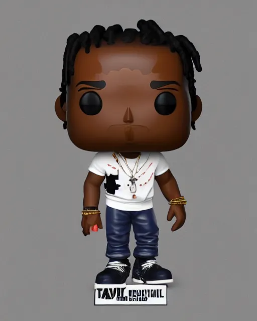 Image similar to full body 3d render of Travis Scott as a funko pop, studio lighting, white background, blender, trending on artstation, 8k, highly detailed