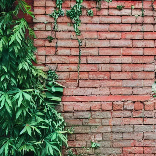 Prompt: a brick wall with plants growing out of it