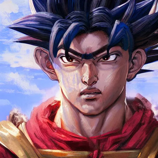 Image similar to masterpiece portrait painting of medieval goku by wlop and greg rutkowski, highly detail, featured in art station