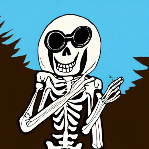 Prompt: a skeleton wearing sunglasses and a hoodie, laughing at the world.
