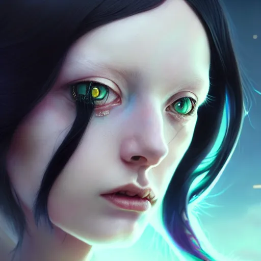 Prompt: insect - like alien - girl by tom bagshaw, green eyes and long black hair by ilya kuvshinov, rtx reflections, octane render 1 2 8 k, extreme high intricate details by wlop, digital anime art by ross tran, wide shot, close up shot, composition by sana takeda, dramatic lighting by greg rutkowski