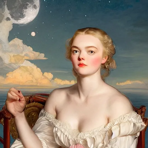 Image similar to leyendecker and peter paul rubens, head and shoulders portrait of a elle fanning, nighttime, on a boat at sea, moon reflection on water, dreamy pink clouds, unreal engine, fantasy art by global illumination, radiant light, detailed and intricate environment