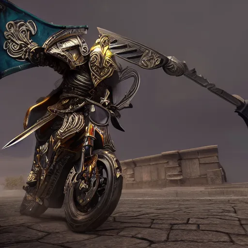 Prompt: action shot of a paladin in ornate full plate jumping off a sportbike motorcycle with a lance in his left hand and greatsword in his right hand, 4k, highly detailed, trending on artstation, unreal engine 5