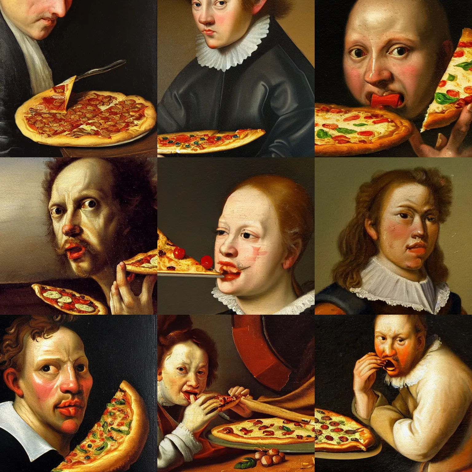Prompt: Dutch oil painting from 1600s: Closeup of person eating a slice of pizza