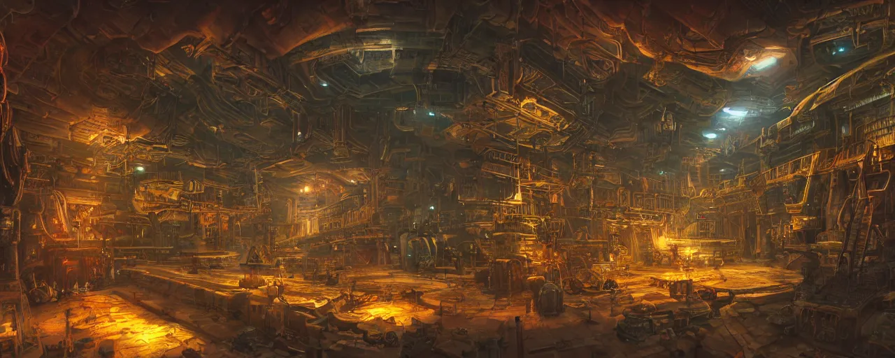 Prompt: ” steampunk docking bay inside an ancient cargo ship, [ art by paul lehr, cinematic, detailed, epic, widescreen, opening, establishing, mattepainting, photorealistic, realistic textures, octane render ] ”