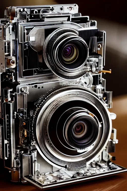 Image similar to A photo of an opened camera, vintage, internals revealed, the most complex looking machine ever made photo taken by someone who doesn't know how to use a camera by Annie Lebovitz and Steve McCurry Ultra detailed, hyper realistic, 4k