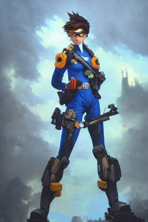 Image similar to oil painting of tracer overwatch in a dystopian city wearing blue uniform, in style of ivan aivazovsky, expressive face, detailed face, detailed eyes, full body, feminine face, tracer overwatch,